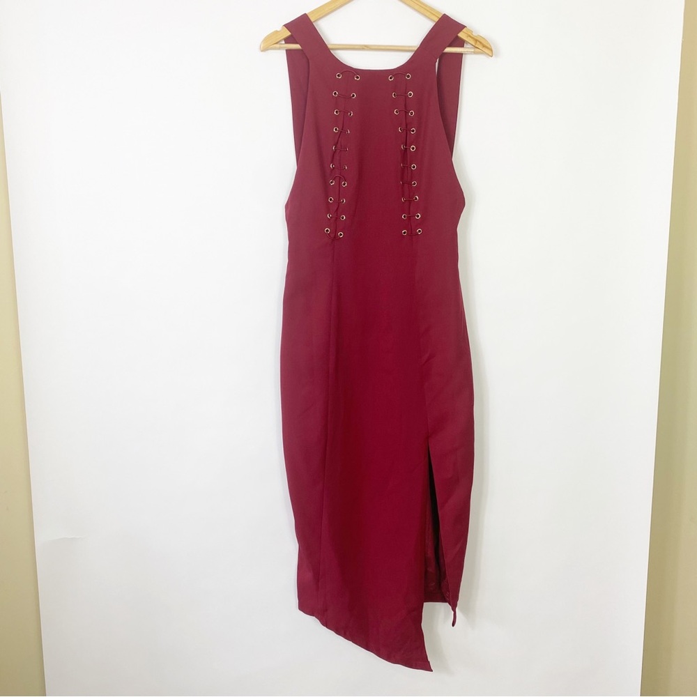 Jusdep Elegant Burgundy Sleeveless Dress Stylish Cute Chic Slit Midi Wedding M